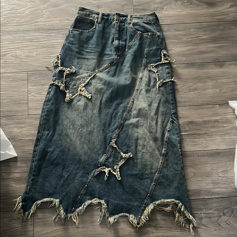 Distressed Denim Maxi Skirt